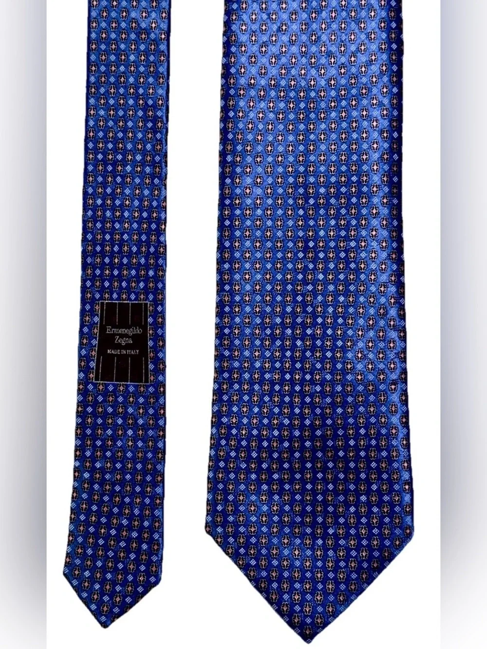 $295 NEW ERMENEGILDO ZEGNA SILVER SATIN BLUE NEAT TIE ITALY 100% SILK